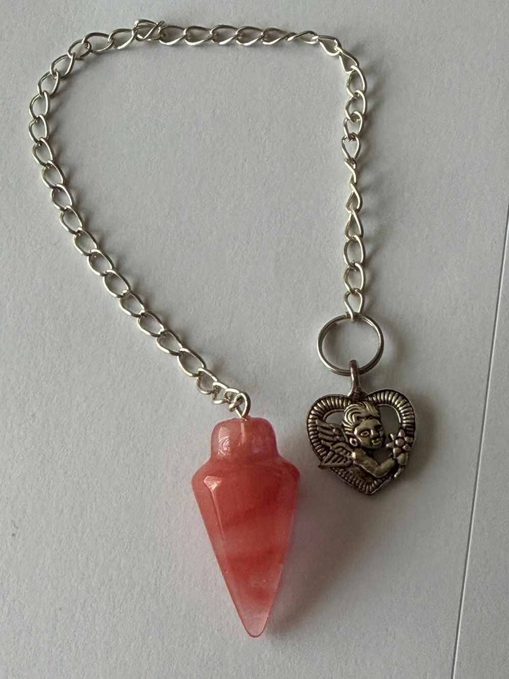 Fairy Nymph Heart Coral Clear Quartz Scrying Pendulum 9”